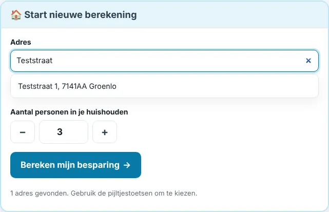Formulier Start nieuwe berekening: adres zoeken met suggesties en het aantal personen