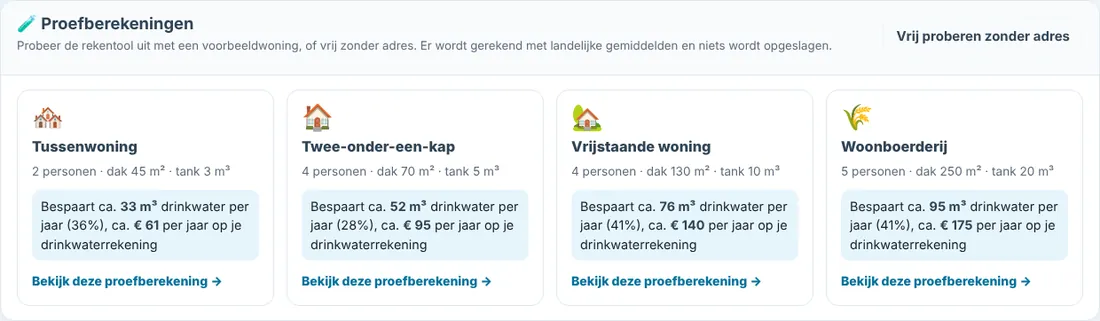 Proefberekeningen met vier voorbeeldwoningen en de knop Vrij proberen zonder adres
