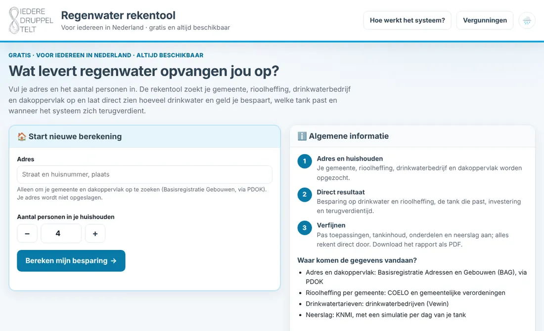Startscherm van de algemene rekentool met het formulier voor een nieuwe berekening, algemene informatie en proefberekeningen