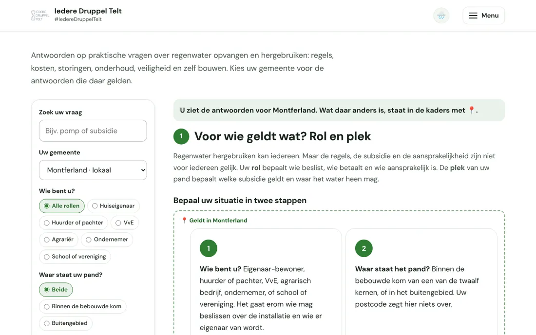 Pagina met veelgestelde vragen: zoeken, gemeente kiezen en filters voor rol en plek